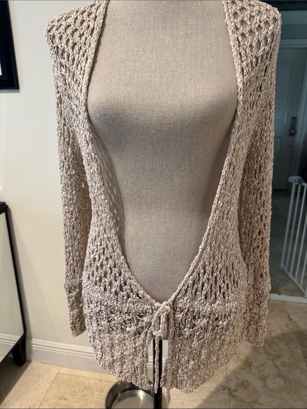Open Knit Tie-Front Women's Sweater Cardigan - Beige